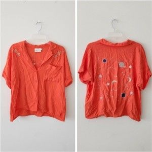 The Room Top Embroidered Cosmic Planet Universe Button Down Shirt Coral Red M